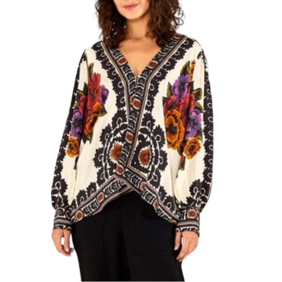NWT RACHEL ZOE FLORAL TAPESTRY PRINT PUFF-SLEEVE TOP w/ 1 HOOK FRONT SZ S - Picture 3 of 11